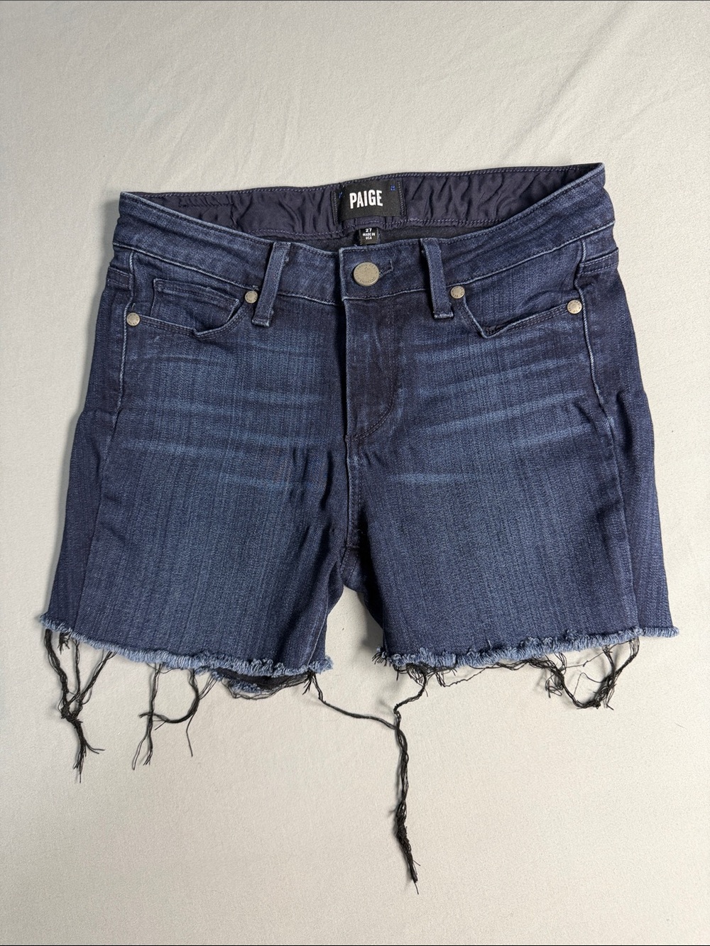 PAIGE Navy Blue Frayed Hem Boyfriend Denim Shorts